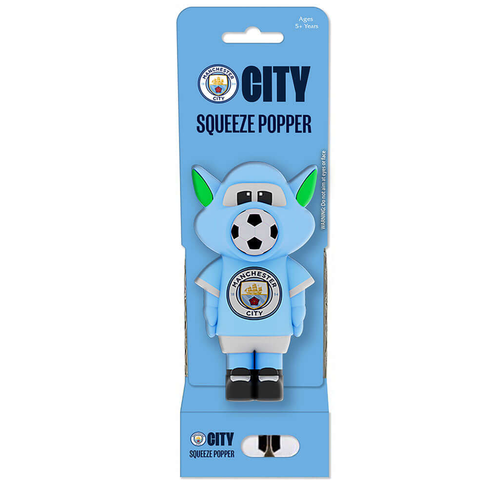 Manchester City FC Squeeze Popper LKT Sport Funky City Squeeze Popper with 4 soft foam ballsSimply place a foam ball into the popper's mouth, squeeze the squishy belly and launch soft foam balls up to approximately 6 metresSuitable for ages 3+Official lic