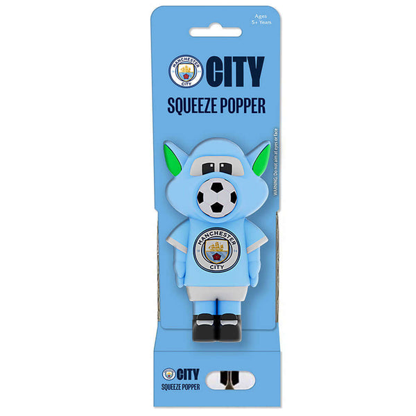 Manchester City FC Squeeze Popper LKT Sport Funky City Squeeze Popper with 4 soft foam ballsSimply place a foam ball into the popper's mouth, squeeze the squishy belly and launch soft foam balls up to approximately 6 metresSuitable for ages 3+Official lic