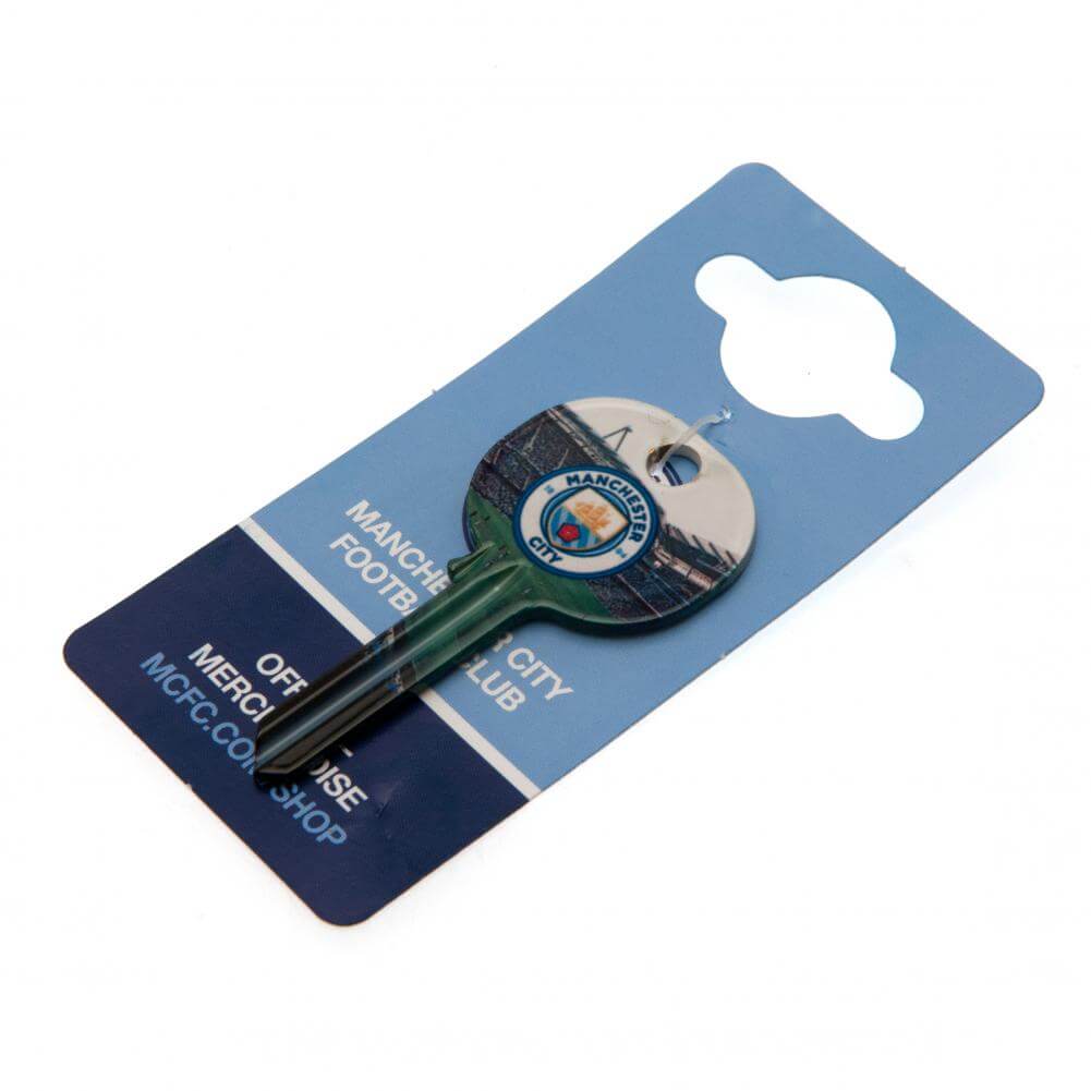 Manchester City FC Stadium Door Key LKT Sport Ready to cut, blank door keyFeaturing full colour club crest and stadiumDesign repeated on both sidesOfficial licensed productApprox 65mm x 32mm Key Blanks