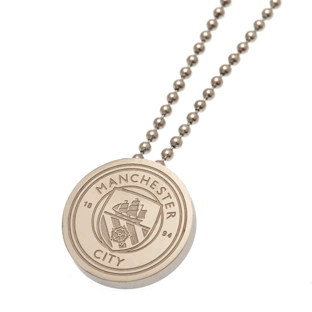 Manchester City FC Stainless Steel Pendant & Chain LKT Sport Stainless steel crest shaped pendant with ball chainChrome finish Man City crest with engraved detailOfficial licensed productChain approx 50cm (19in)Pendant approx 20mm x 20mm Pendants