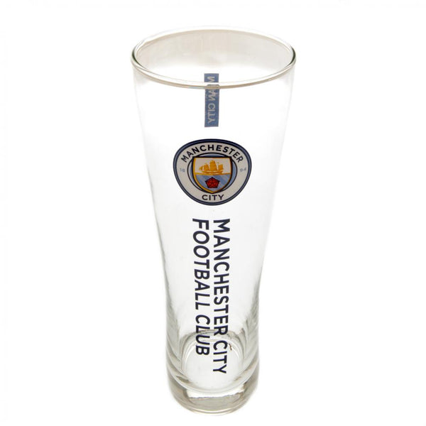 Manchester City FC Tall Beer Glass LKT Sport Tall slim pilsner style pint glass Features Manchester City FC text in navy blue and full colour club crest White Man City text on small sky blue block detail on reverse Official licensed product Approx 570ml (