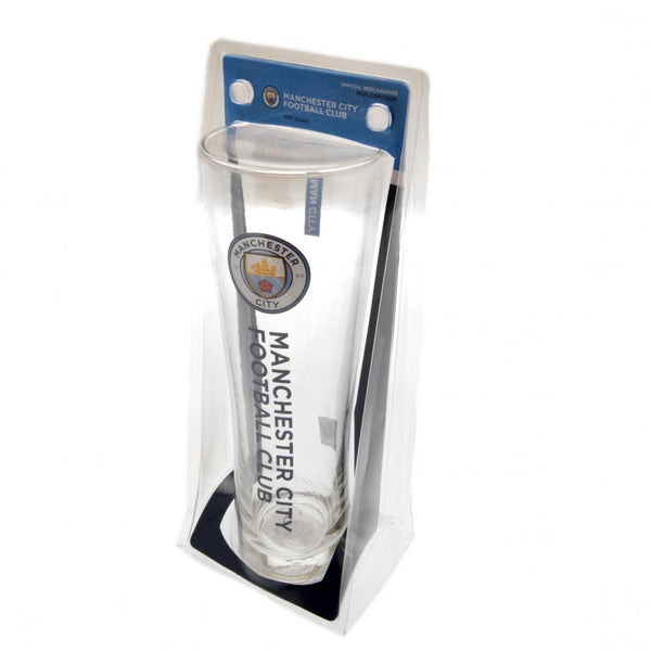 Manchester City FC Tall Beer Glass LKT Sport Tall slim pilsner style pint glass Features Manchester City FC text in navy blue and full colour club crest White Man City text on small sky blue block detail on reverse Official licensed product Approx 570ml (