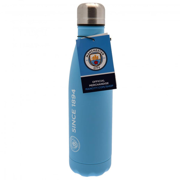 Manchester City FC Thermal Flask LKT Sport Stainless steel thermal vacuum flask Maintains the temperature of your drink for up to 24hrs With a screw top lid Sky blue matt finish with white crest and established text Official licensed product Approx 500ml