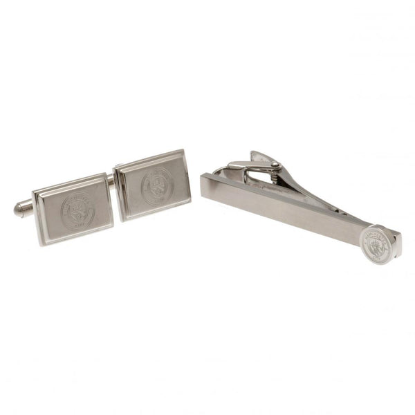 Manchester City FC Tie Slide & Cufflink Set LKT Sport Stylish and discreet design tie slide with executive cufflinks Stainless steel pin featuring the City crest with a crocodile clip back Stainless steel satin finish cufflinks featuring an engraved City