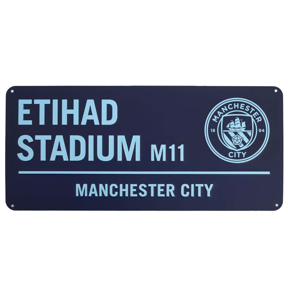 Manchester City FC Two Tone Street Sign LKT Sport Gloss finish design stamped metal wall signEtihad Stadium road sign, the home of Manchester City FC on a blue backgroundReady to hang on the wall with four small holes for fixingOfficial licensed productAp