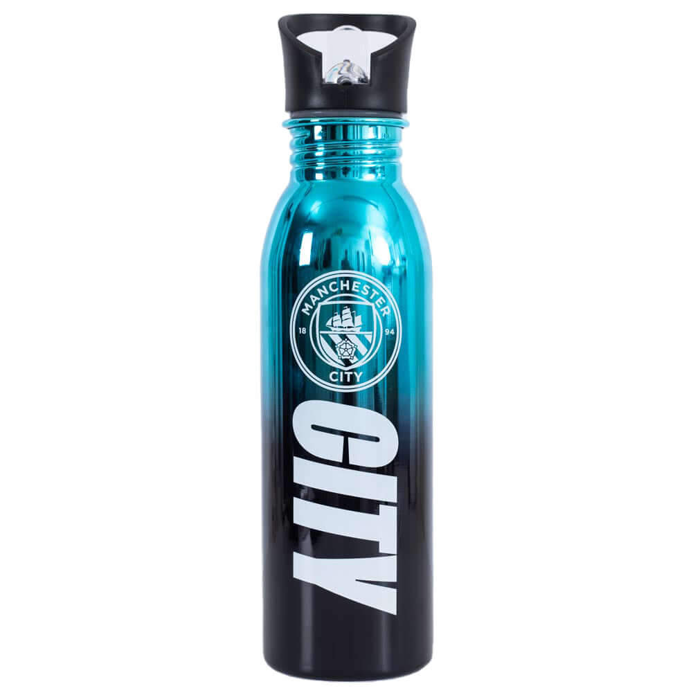 Manchester City FC UV Metallic Drinks Bottle LKT Sport Stainless steel fade metallic camping style water bottleStriking UV metallic finish with white City crest and textScrew top lid with a closable clear drinking spoutOfficial licensed productApprox 700m Main image