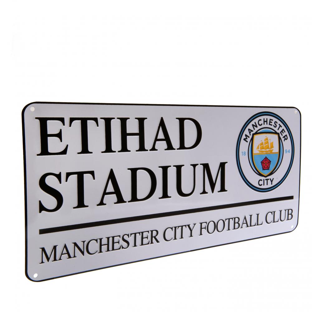 Manchester City FC White Street Sign LKT Sport Gloss finish design stamped metal wall sign Etihad Stadium road sign, the home of Man City FC on a white background Ready to hang on the wall with four small holes for fixing Official licensed product Approx