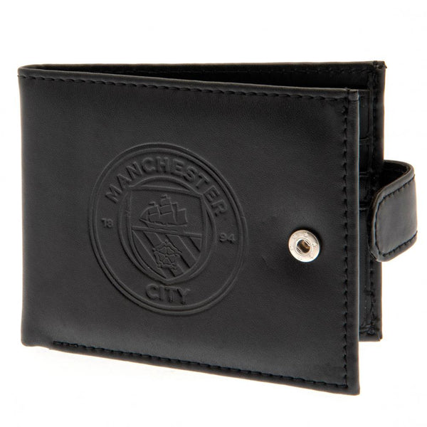 Manchester City FC rfid Anti Fraud Wallet LKT Sport Black leather wallet with RFID anti fraud technology Features a large debossed club crest and secure stud fastener 3 card slots and a window compartment 2 note compartments 1 additional compartment Offic