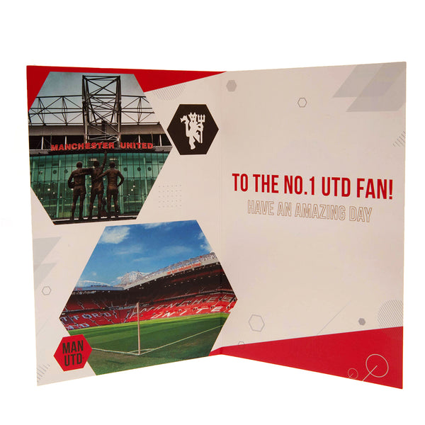 Manchester United FC Birthday Card With Stickers LKT Sport Vibrant red gloss finish birthday cardFeaturing a space on the front to personalise with name and ageIncludes gold stickers to compliment the design of the cardMessage inside reads 'To the No.1 Ut