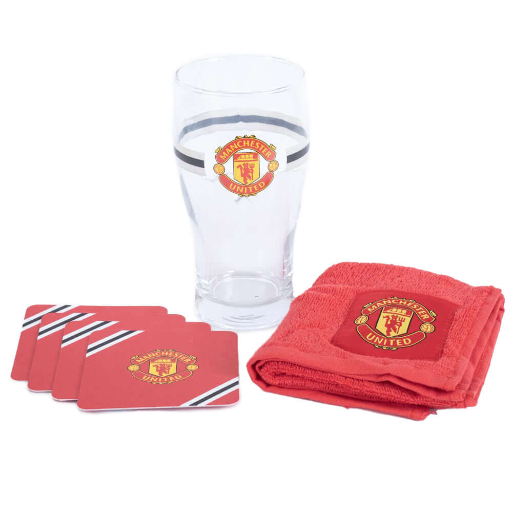 Manchester United FC Core Stripe Mini Bar Set LKT Sport Mini bar set with tulip style pint glass featuring a core stripe design and club crest crestIncludes red bar towel with a full colour club crestSet of 4 beer mats a full colour club crestOfficial lic