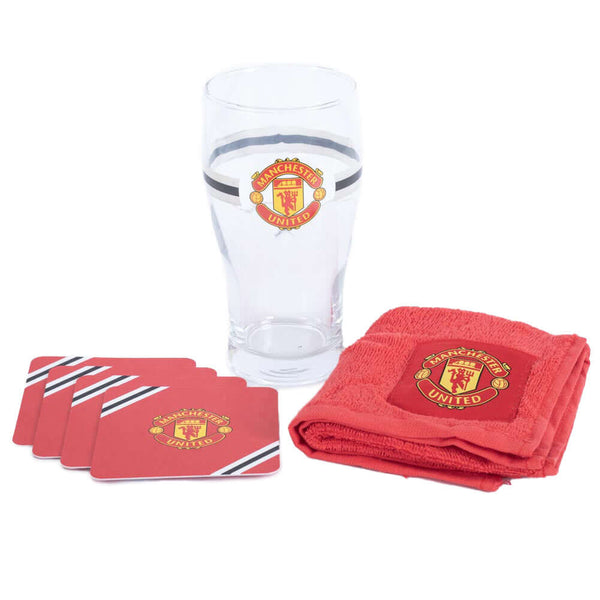 Manchester United FC Core Stripe Mini Bar Set LKT Sport Mini bar set with tulip style pint glass featuring a core stripe design and club crest crestIncludes red bar towel with a full colour club crestSet of 4 beer mats a full colour club crestOfficial lic