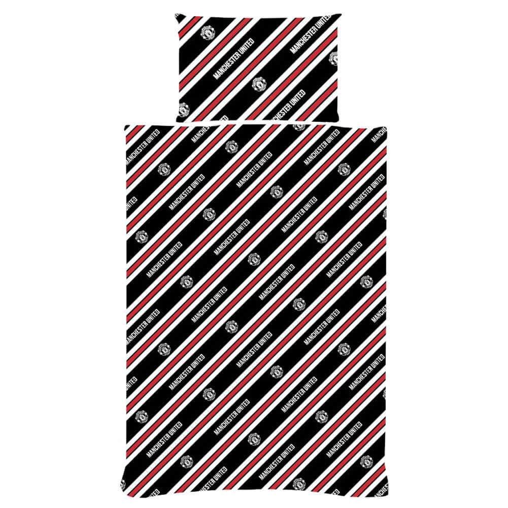 Manchester United FC Core Stripe Single Duvet Set LKT Sport Striking core stripe design reversible duvet cover with large club crestMulti crest design on the reverse with black, red and white stripes52% polyester 48% cotton machine washableOfficial licens