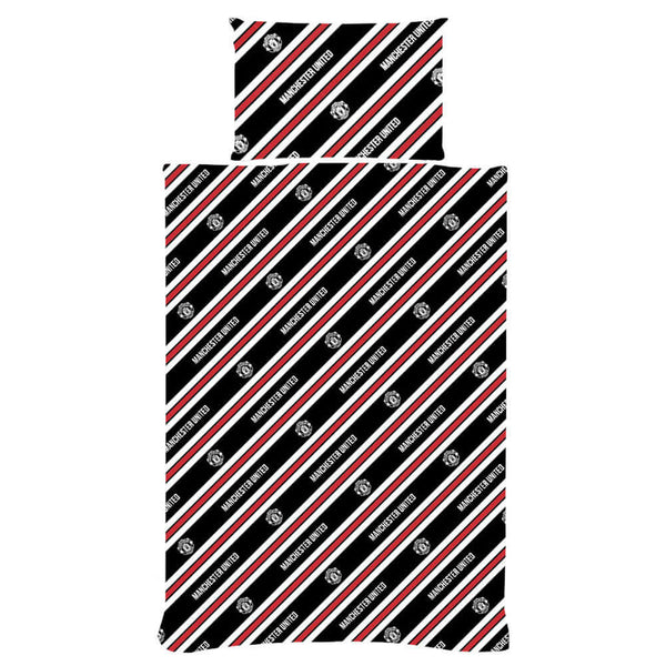 Manchester United FC Core Stripe Single Duvet Set LKT Sport Striking core stripe design reversible duvet cover with large club crestMulti crest design on the reverse with black, red and white stripes52% polyester 48% cotton machine washableOfficial licens