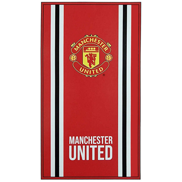 Manchester United FC Core Stripe Towel LKT Sport Large soft to touch 100% cotton velour beach towelFeatures a Core Stripe design with a full colour club crest and Manchester United textOfficial licensed productApprox 140cm x 70cm (55in x 28in) Beach Towel