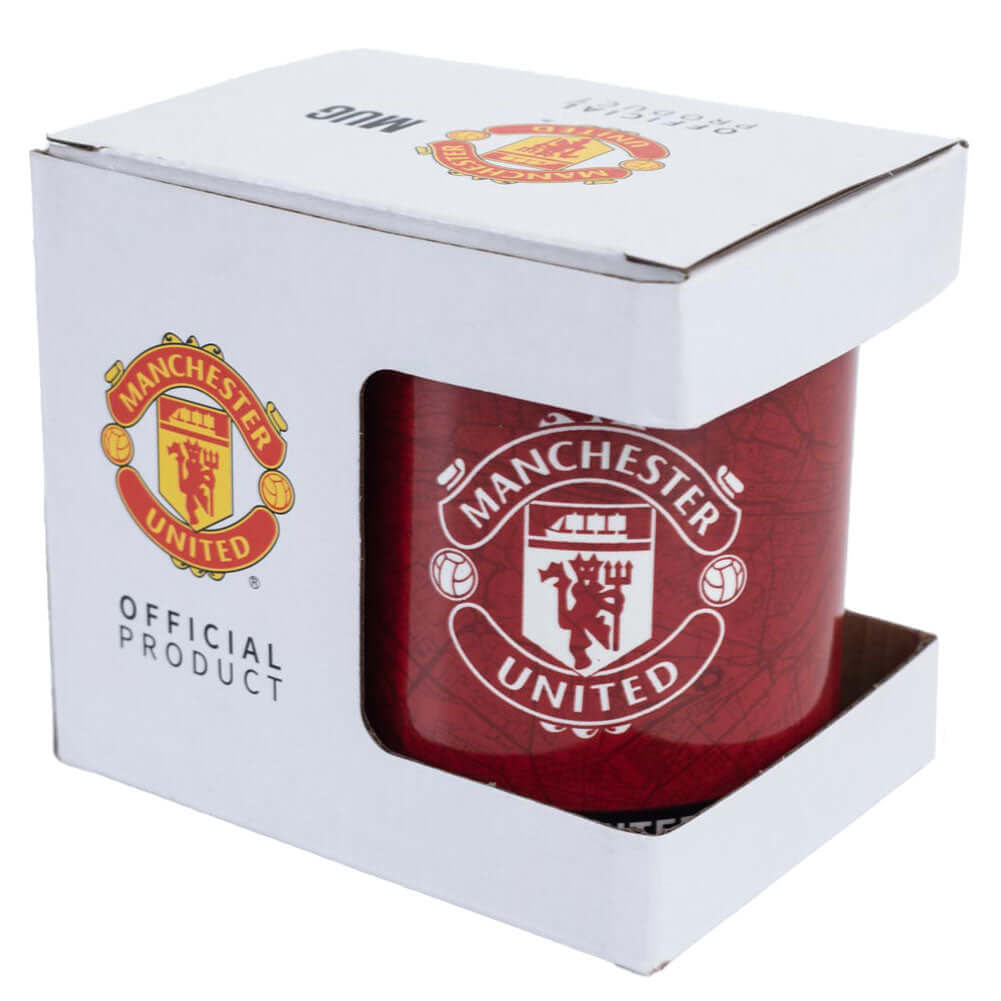Manchester United FC Identity Mug LKT Sport Ceramic everyday coffee mugIdentity design featuring Manchester United text and white club crestsGlazed kiln fired finish with white handleOfficial licensed productApprox 315ml (11oz)Approx 9cm tall, 8cm in diam