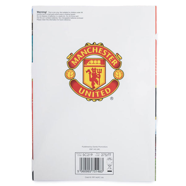 Manchester United FC Musical Birthday Card LKT Sport Vibrant red gloss finish birthday card with a large United crestPlays the famous 'Glory Glory Man United' songFeatures a full colour stadium graphic insideMessage inside reads 'Have an amazing time!'Off