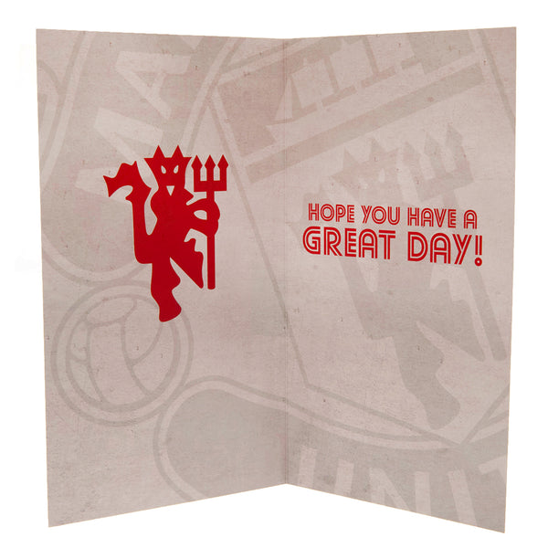 Manchester United FC Retro Shirt Birthday Card LKT Sport Vibrant red gloss finish birthday cardFeaturing a large retro style Man United shirt on the frontMessage inside reads 'Hope you have a great day!'Official licensed productApprox 22cm x 12cm Greeting