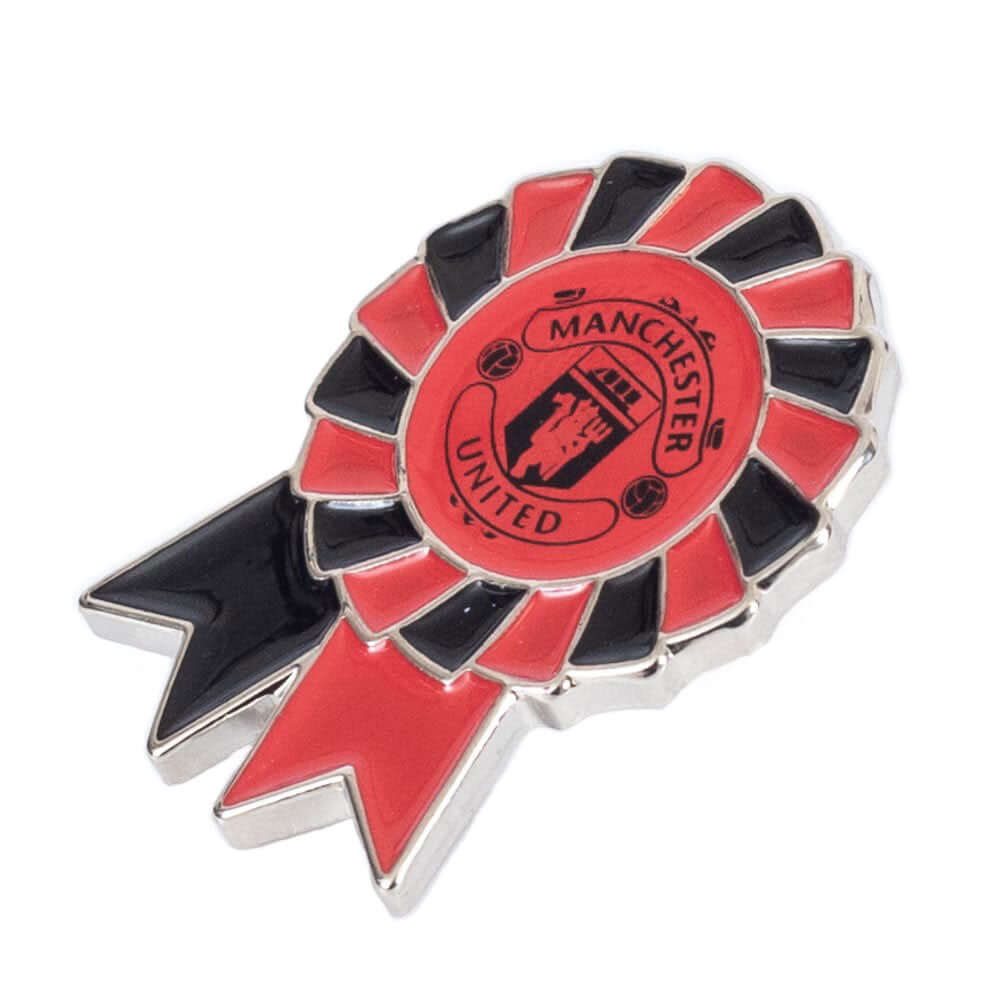 Manchester United FC Rosette Badge LKT Sport Metal rosette shaped pin badgeDie stamped design with full colour enamel infillWith butterfly clasp fixingMetal alloy with silver style finishOfficial licensed productApprox 30mm x 20mm Pins
