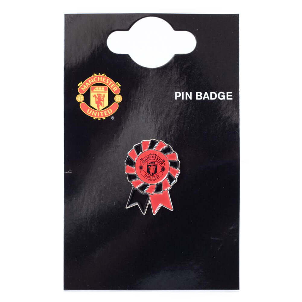 Manchester United FC Rosette Badge LKT Sport Metal rosette shaped pin badgeDie stamped design with full colour enamel infillWith butterfly clasp fixingMetal alloy with silver style finishOfficial licensed productApprox 30mm x 20mm Pins
