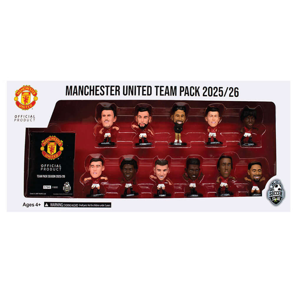 Manchester United FC SoccerStarz Season 25-26 Player Team Pack LKT Sport Collectors team pack featuring the following players from the 2025-26 seasonMaguire, Bruno Fernandes, Amorim, Martinez, DorguUgarte, Mainoo, Mount, Amad, Yoro and Cunhaeach figure st