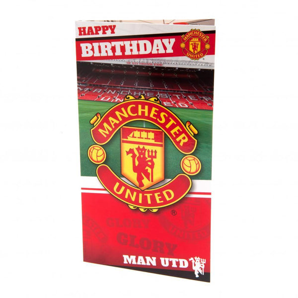 Manchester United FC Stadium Birthday Card LKT Sport Vibrant red gloss finish birthday card Featuring a large full colour Man United crest and stadium graphic With 'The United Trinity' Best, Law and Charlton image inside Message inside reads 'Hope You Hav