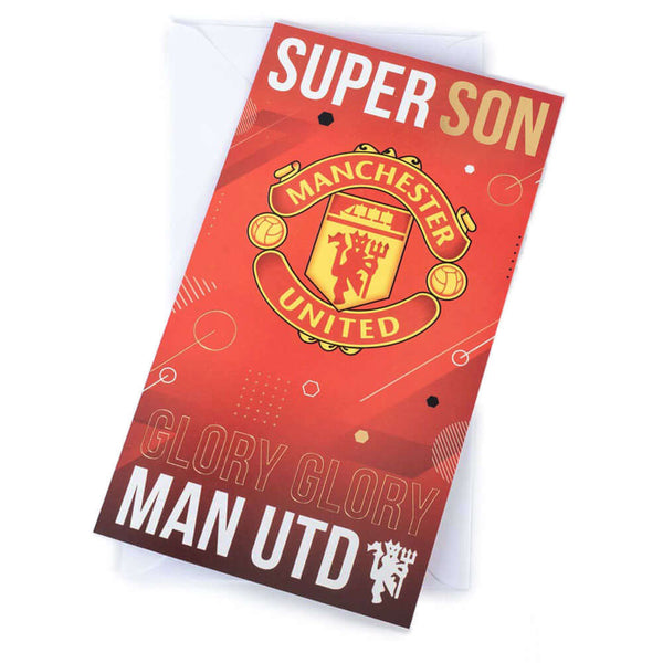Manchester United FC Super Son Birthday Card LKT Sport Vibrant red gloss finish birthday cardFeaturing a full colour club crest with Super Son and Glory Glory Man Utd textMessage inside reads 'You're a star! Have a great day'Official licensed productAppro