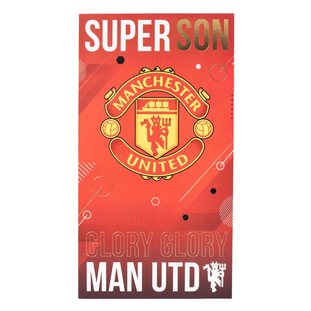Manchester United FC Super Son Birthday Card LKT Sport Vibrant red gloss finish birthday cardFeaturing a full colour club crest with Super Son and Glory Glory Man Utd textMessage inside reads 'You're a star! Have a great day'Official licensed productAppro