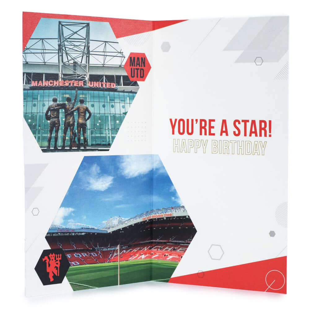 Manchester United FC Super Son Birthday Card LKT Sport Vibrant red gloss finish birthday cardFeaturing a full colour club crest with Super Son and Glory Glory Man Utd textMessage inside reads 'You're a star! Have a great day'Official licensed productAppro