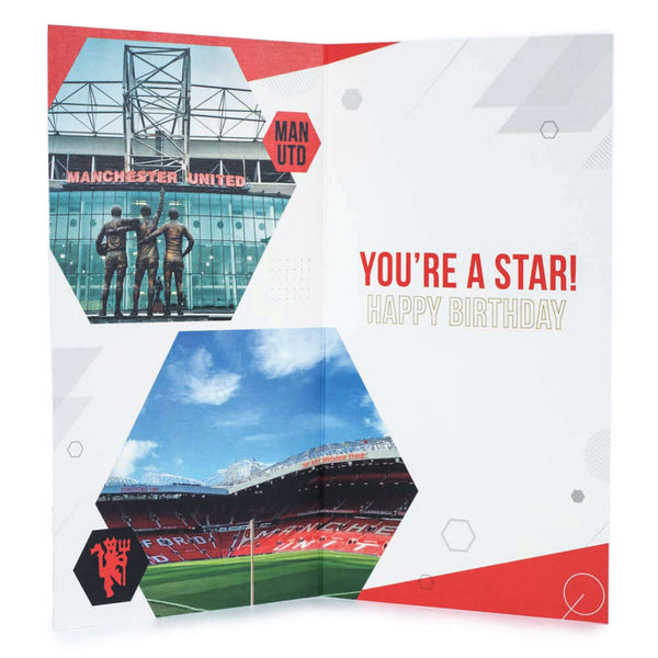 Manchester United FC Super Son Birthday Card LKT Sport Vibrant red gloss finish birthday cardFeaturing a full colour club crest with Super Son and Glory Glory Man Utd textMessage inside reads 'You're a star! Have a great day'Official licensed productAppro