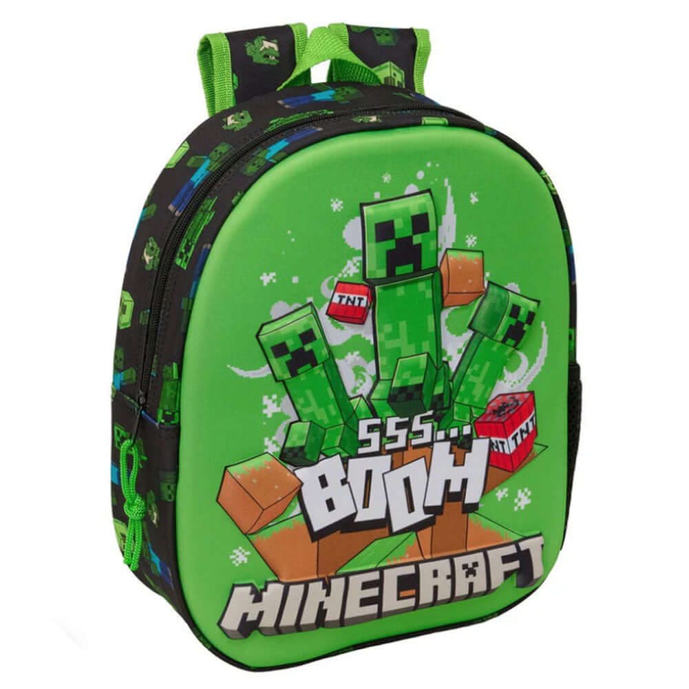 Minecraft 3D Junior Backpack LKT Sport Green 3D backpack featuring Creeper with a repeat pattern on the backMain compartment has a large zipped opening for easy accessPadded adjustable shoulder straps and a carry handleAdditional mesh side panelWipe clean