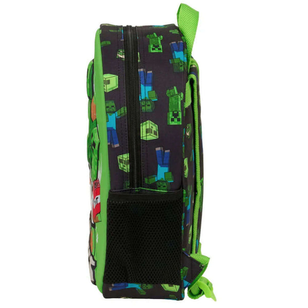 Minecraft 3D Junior Backpack LKT Sport Green 3D backpack featuring Creeper with a repeat pattern on the backMain compartment has a large zipped opening for easy accessPadded adjustable shoulder straps and a carry handleAdditional mesh side panelWipe clean