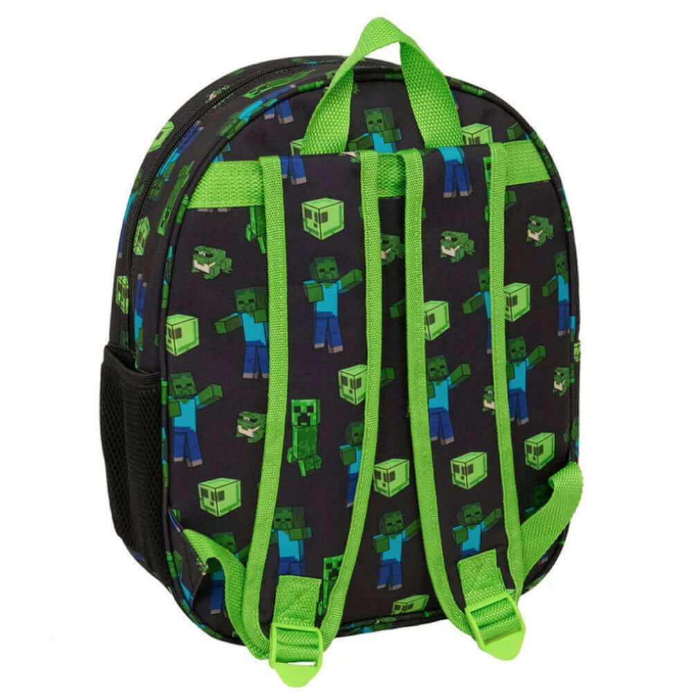 Minecraft 3D Junior Backpack LKT Sport Green 3D backpack featuring Creeper with a repeat pattern on the backMain compartment has a large zipped opening for easy accessPadded adjustable shoulder straps and a carry handleAdditional mesh side panelWipe clean