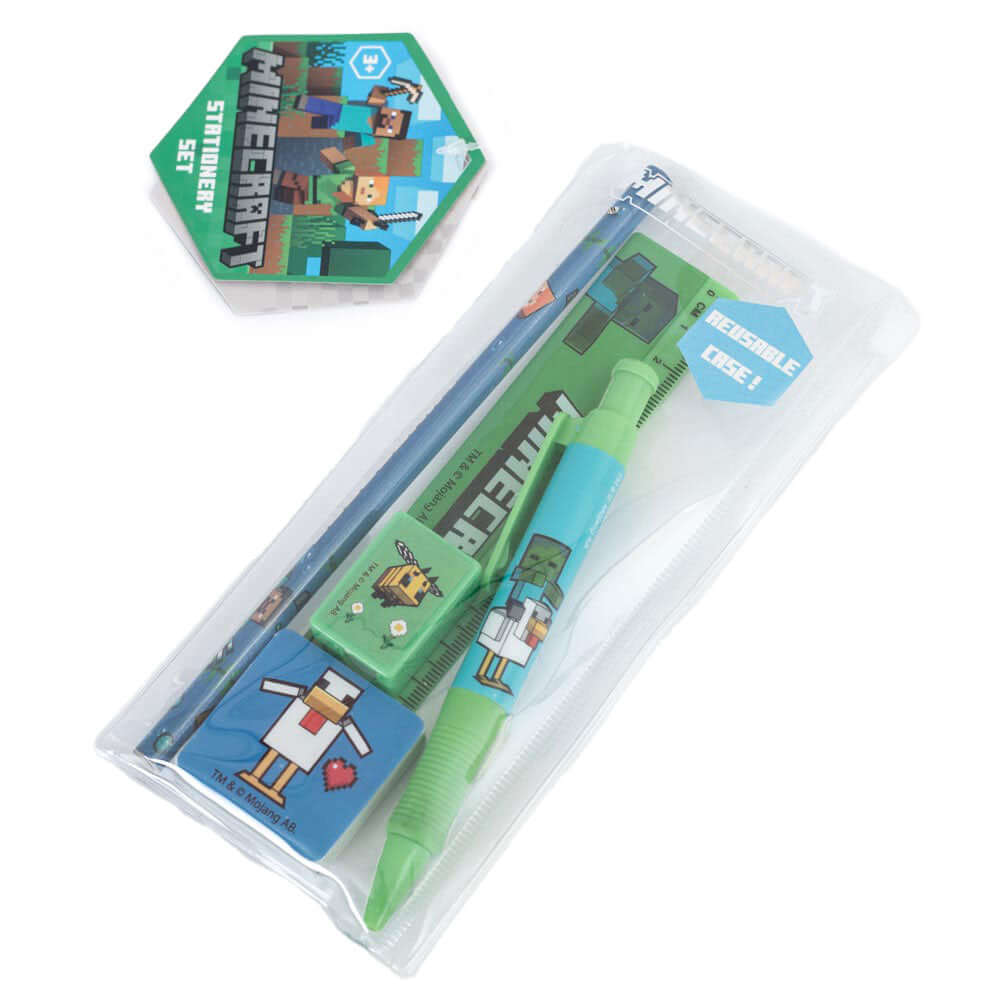 Minecraft 5pc Stationery Set LKT Sport Everyday 5 piece stationery setVibrant, colourful Minecraft themed design1 x Ballpoint click pen1 x Drawing pencil1 x Shaped eraser1 x Pencil sharpener1 x RulerOfficial licensed product Stationery