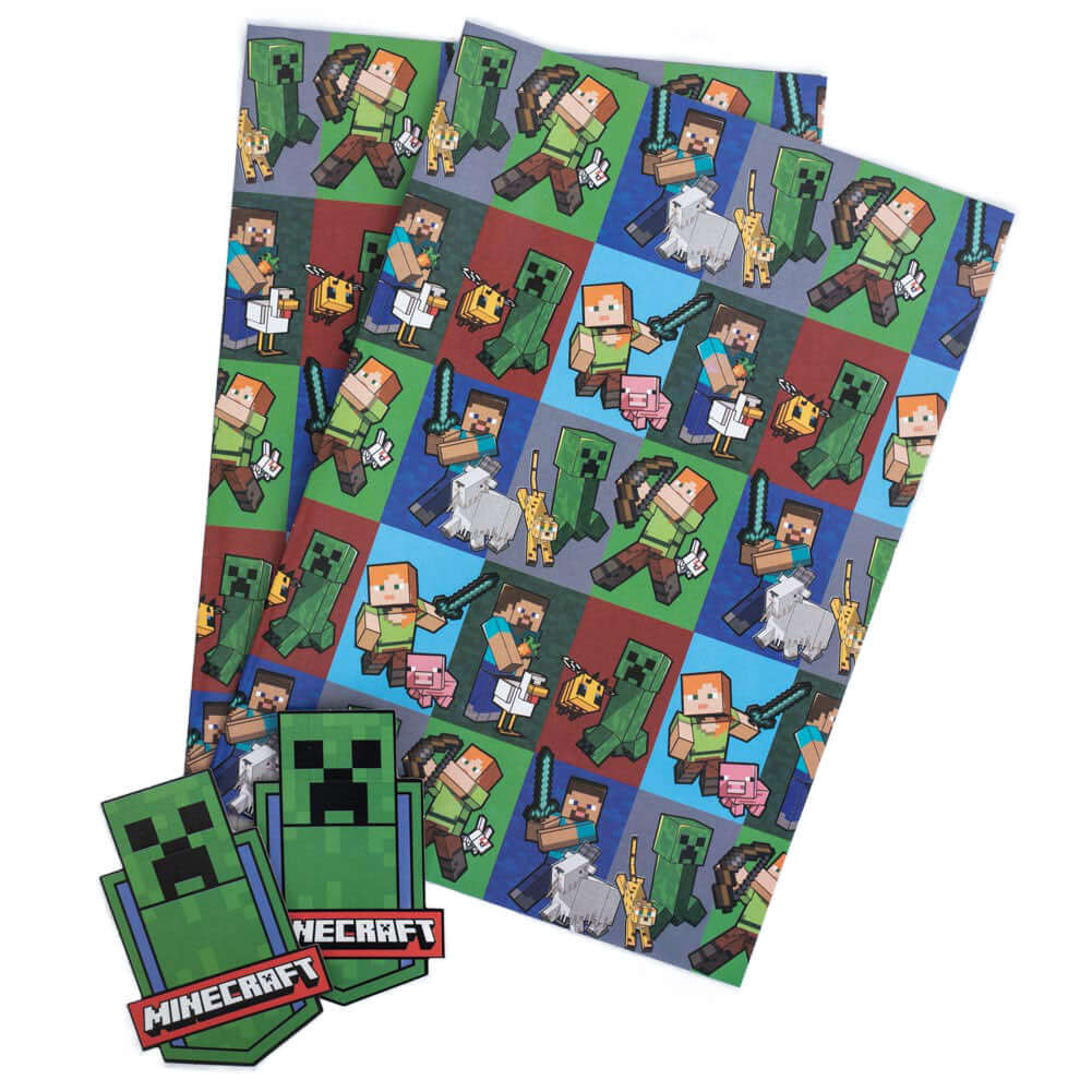 Minecraft Characters Gift Wrap LKT Sport Vibrant, colourful gift wrap sheets and tags2 sheets of wrap featuring multiple Minecraft charactersComplete with 2 Creeper gift tagsOfficial licensed productApprox 70cm x 50cm Gift Wrapping Main image