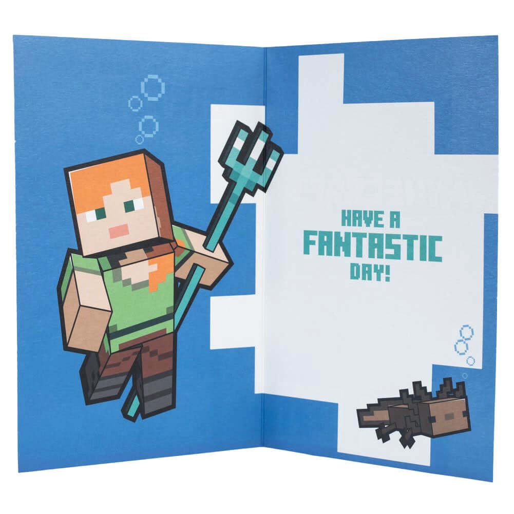 Minecraft Explore Birthday Card LKT Sport Colourful gloss finish birthday cardFeaturing the playable Minecraft characters Steve and AlexMessage inside reads 'Have a fantastic day!'With a plain white envelopeOfficial licensed productApprox 21cm x 13.5cm Gr