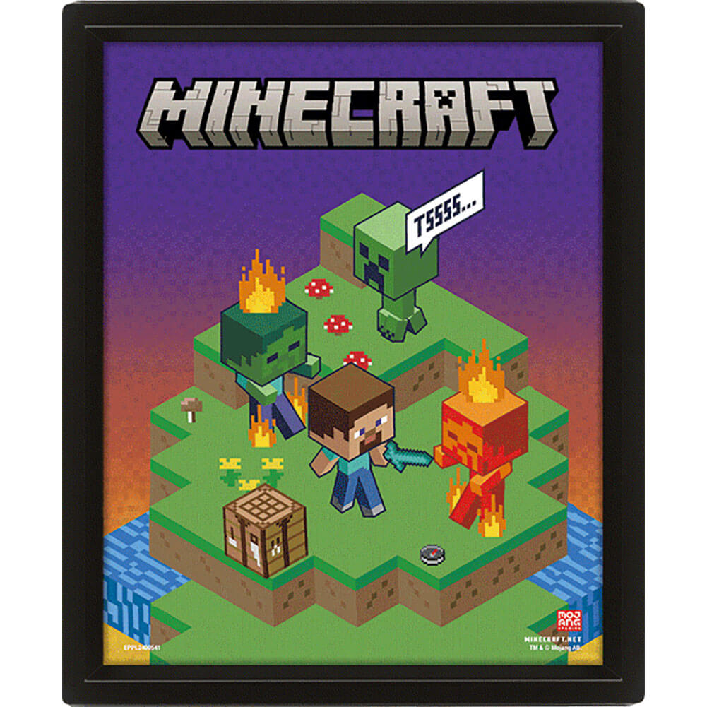 Minecraft Terrain Framed 3D Picture LKT Sport Features a moving image of Minecraft charactersThis awesome 3D lenticular design gives you two images in oneComes ready to hang in a stylish black frameOfficial licensed productApprox 25cm x 20cm (10in x 8in)