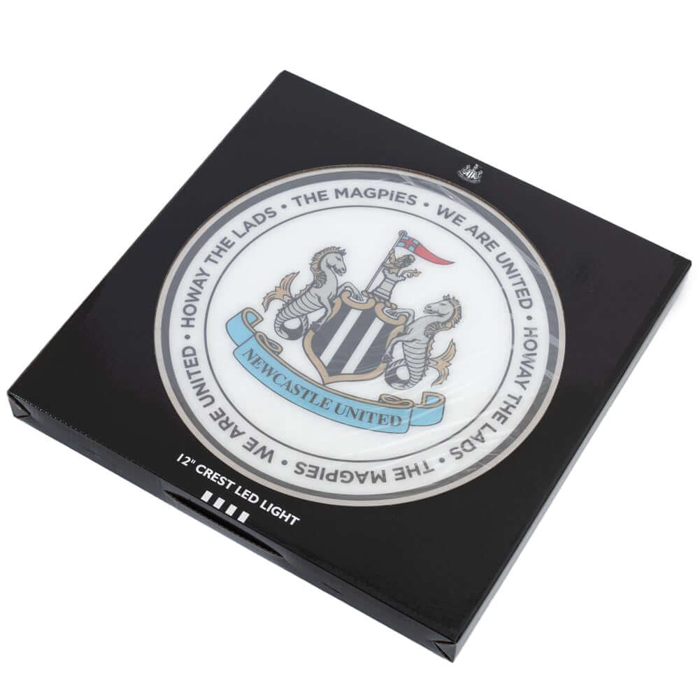 Newcastle United FC 12 Inch LED Wall Light LKT Sport LED Illuminated crest wall sign creating an eye catching feature in any roomWhite LED light with a striking full colour Newcastle United crest in the centreWith classic Newcastle slogans around the edge