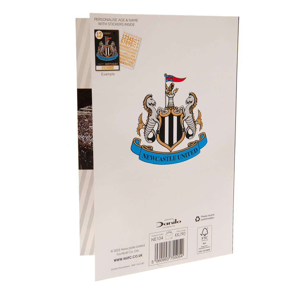 Newcastle United FC Birthday Card With Stickers LKT Sport Vibrant gloss finish birthday cardFeaturing a space on the front to personalise with name and ageIncludes gold stickers to compliment the design of the cardMessage inside reads 'Hope you have a fan
