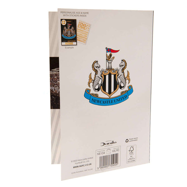 Newcastle United FC Birthday Card With Stickers LKT Sport Vibrant gloss finish birthday cardFeaturing a space on the front to personalise with name and ageIncludes gold stickers to compliment the design of the cardMessage inside reads 'Hope you have a fan