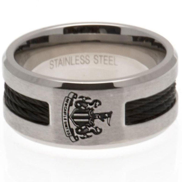 Newcastle United FC Black Inlay Ring Small LKT Sport Stainless steel ring featuring a black rope insert Brushed satin finish and engraved with the Newcastle crest Official licensed product Internal diameter approx 19mm Ring size R Presented in a gift box