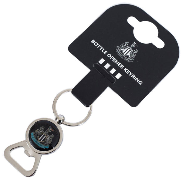 Newcastle United FC Bottle Opener Keyring LKT Sport Black with a silver alloy finish bottle openerIncludes a full colour NUFC crest with a silver split ringOfficial licensed productApprox 30mm x 50mm Keychains
