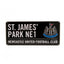 Newcastle United FC Colour Street Sign LKT Sport Gloss finish design stamped metal wall sign St. James Park NE1 road sign, the home of Newcastle United FC on a black background Ready to hang on the wall with four small holes for fixing Official licensed p