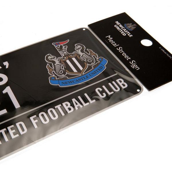 Newcastle United FC Colour Street Sign LKT Sport Gloss finish design stamped metal wall sign St. James Park NE1 road sign, the home of Newcastle United FC on a black background Ready to hang on the wall with four small holes for fixing Official licensed p