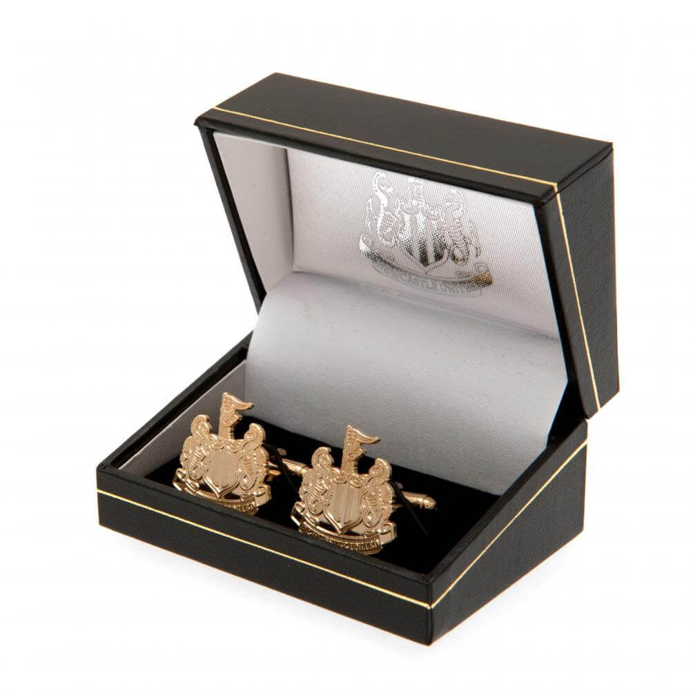 Newcastle United FC Gold Plated Cufflinks LKT Sport Gold Plated crest shaped cufflinksFeaturing a highly detailed formed Newcastle crestOn a bullet back fixingOfficial licensed productApprox 22mm x 22mm Cufflinks