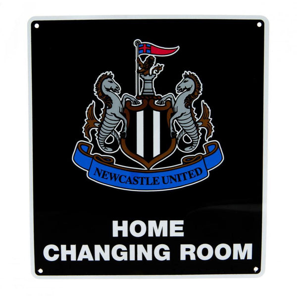 Newcastle United FC Home Changing Room Sign LKT Sport Gloss finish design stamped metal wall sign Black sign featuring a large Newcastle crest and Home Changing Room text Ready to hang on the wall with four small holes for fixing Official licensed product