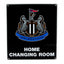 Newcastle United FC Home Changing Room Sign LKT Sport Gloss finish design stamped metal wall sign Black sign featuring a large Newcastle crest and Home Changing Room text Ready to hang on the wall with four small holes for fixing Official licensed product