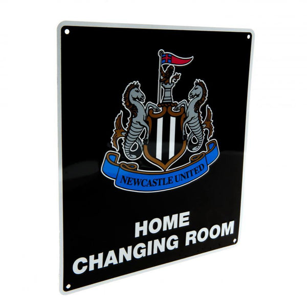 Newcastle United FC Home Changing Room Sign LKT Sport Gloss finish design stamped metal wall sign Black sign featuring a large Newcastle crest and Home Changing Room text Ready to hang on the wall with four small holes for fixing Official licensed product