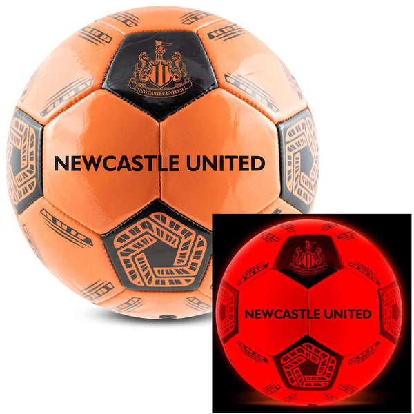 Newcastle United FC LED Glow Football LKT Sport Orange LED glow 32 panel footballFeaturing a black crest and Newcastle United text30 hours of continuous light up fun!Bounce activated with auto turn offBatteries included, fill 7.5-8.5 PSI for optimal bounc