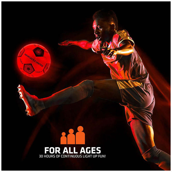 Newcastle United FC LED Glow Football LKT Sport Orange LED glow 32 panel footballFeaturing a black crest and Newcastle United text30 hours of continuous light up fun!Bounce activated with auto turn offBatteries included, fill 7.5-8.5 PSI for optimal bounc