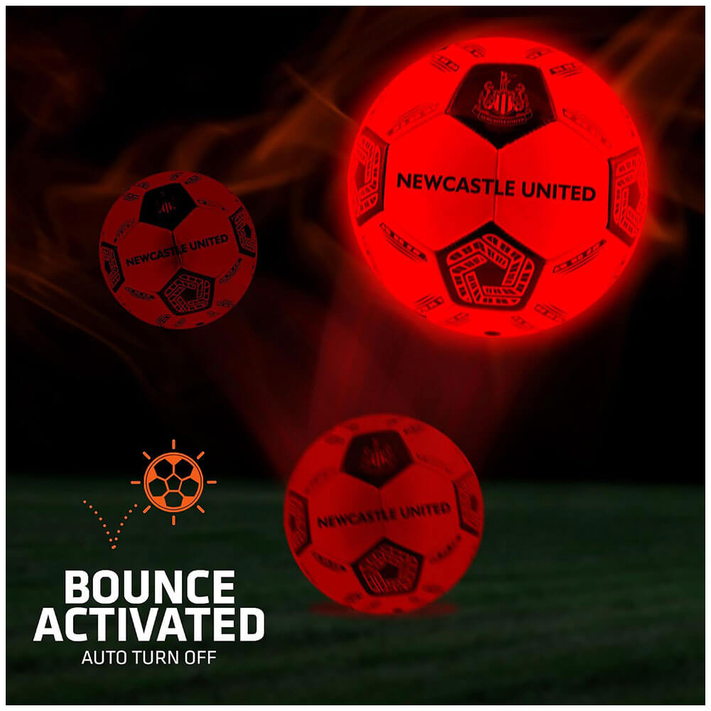 Newcastle United FC LED Glow Football LKT Sport Orange LED glow 32 panel footballFeaturing a black crest and Newcastle United text30 hours of continuous light up fun!Bounce activated with auto turn offBatteries included, fill 7.5-8.5 PSI for optimal bounc